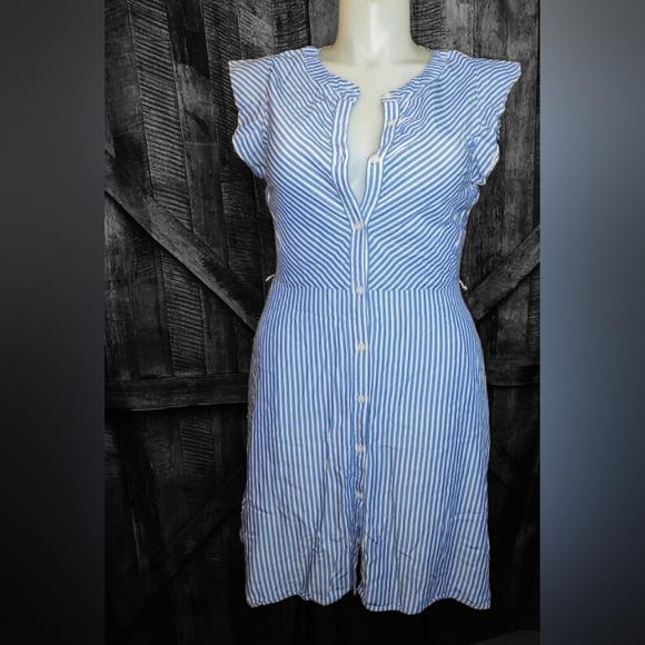 LOFT Blue and White Striped Ruffle Sleeve Dress - Picture 1 of 3